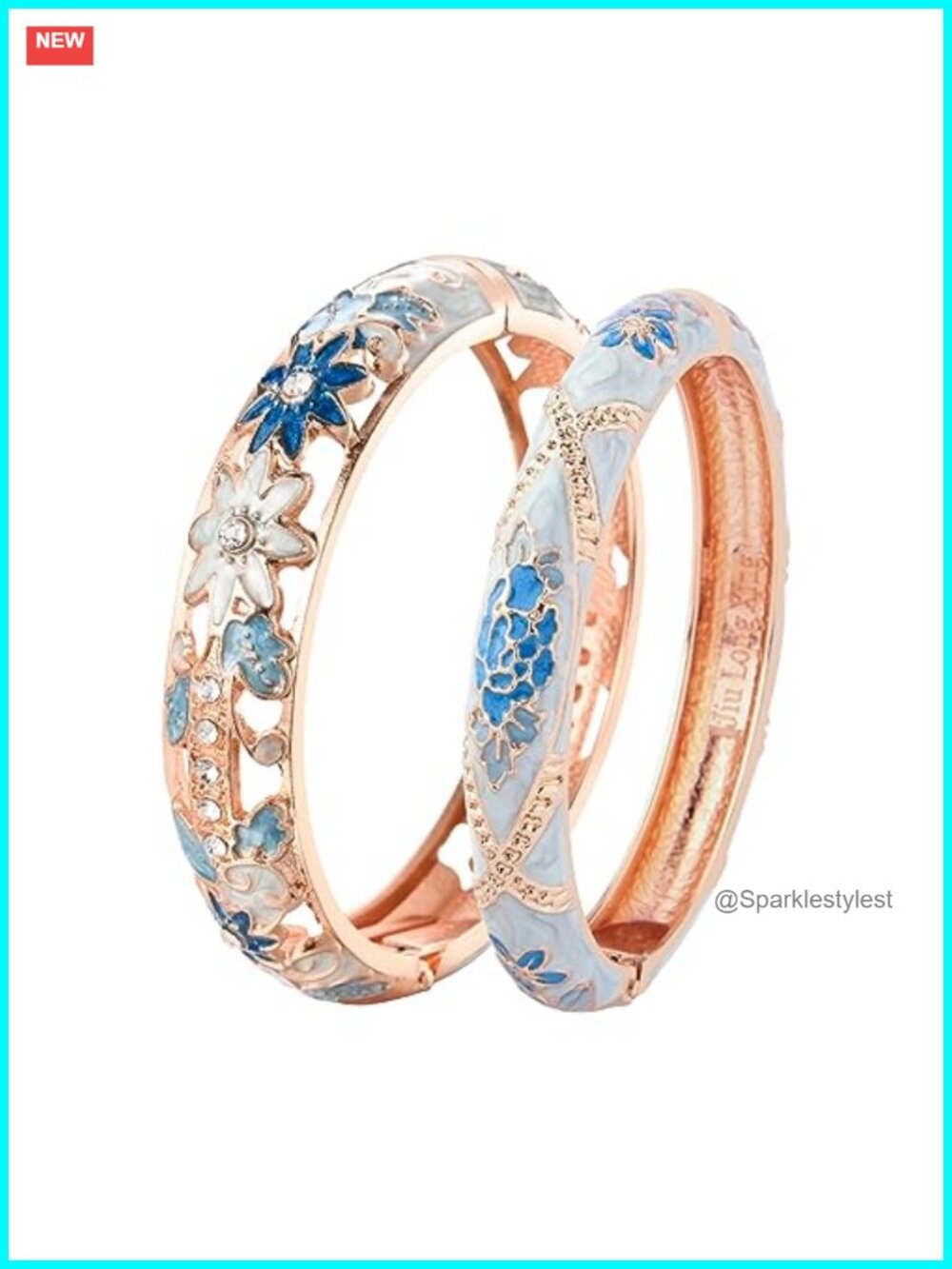 Cloisonne Enameled Hinged Cuff Bracelet Set Rhinestone Rose Bangle